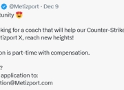Metizport发布动态为青训队Metizport X公开招募教练